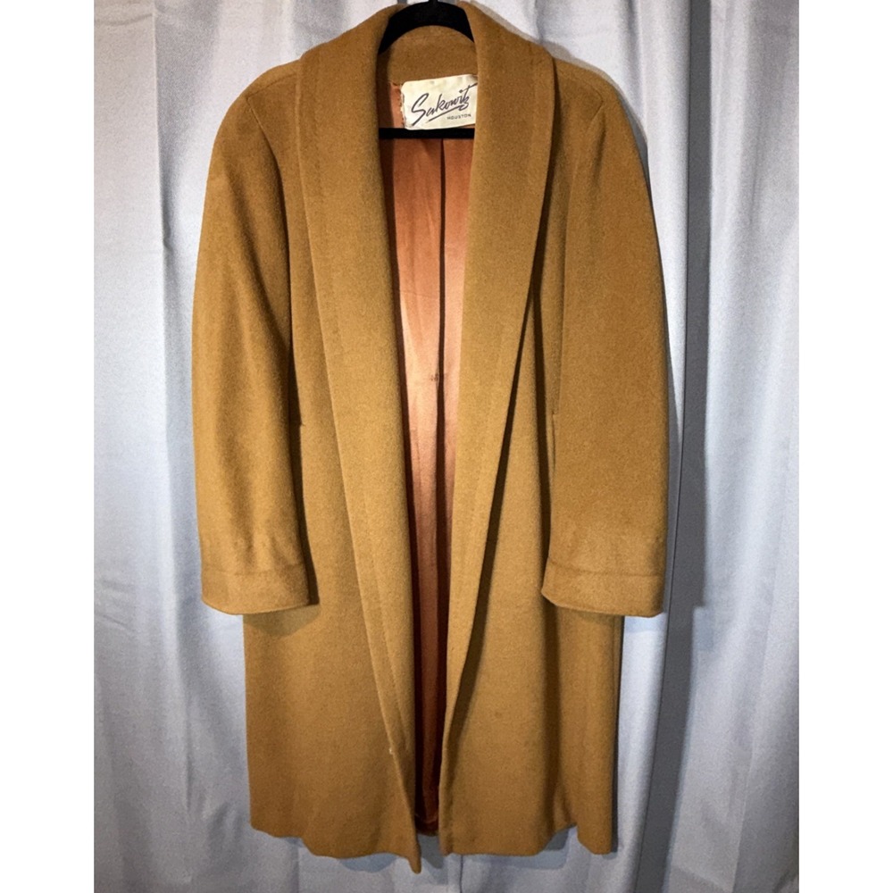Vtg 60s Sakowitz Houston 100% Cashmere Coat Camel Shawl Collar Open Wrap
